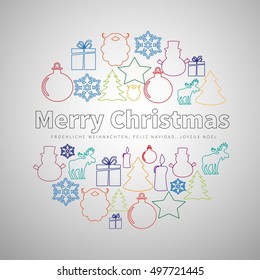 Merry Christmas flat line simple set in circle shape, christmas tree, present gift, reindeer, candle, snowman, bulb, christmas ball, santa beard, snow star, Vector illustration