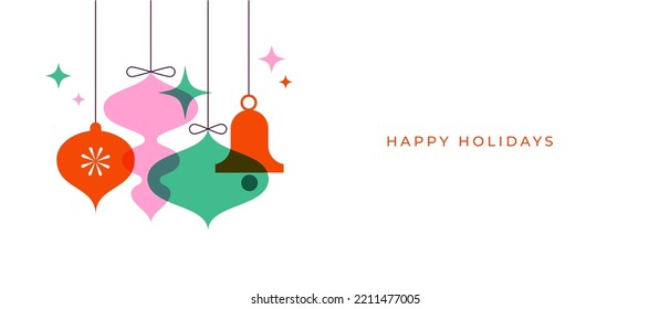 Fröhliches Weihnachtsdesign, Weihnachtsgeschenke, Winterelemente, Kerzen, Weihnachtsbaum, Dorfdekorationen und Weihnachtsdekorationen. Farbige Vektorgrafik im flachen geometrischen Cartoon-Stil