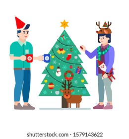 Merry Christmas. Flat modern vector concept female decoration pine tree and talking with male.