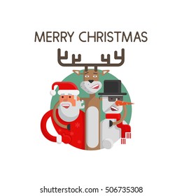 merry christmas flat. santa claus. snowman. deer. vector illustration