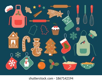 Merry Christmas! Flat set of cute gingerbread cookies and dishes for Christmas. Dark background. Vector illustration.