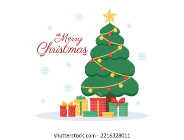 Merry Christmas Flat Style Greeting Card Background Illustration Template Cartoon Hand With Elements Like Santa, Snowman, Gift or Tree Decoration