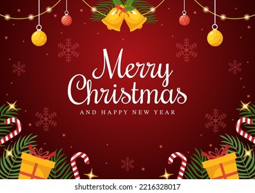 Merry Christmas Flat Style Greeting Card Background Illustration Template Cartoon Hand With Elements Like Bell, Gift or Tree Decoration