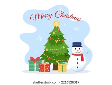 Merry Christmas Flat Style Greeting Card Background Illustration Template Cartoon Hand With Elements Like Santa, Snowman, Gift or Tree Decoration