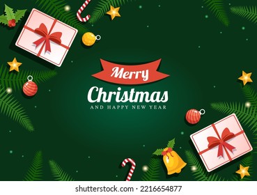 Merry Christmas Flat Style Greeting Card Background Illustration Template Cartoon Hand With Elements Like Bell, Gift or Tree Decoration