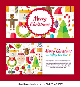 Merry Christmas Flat Style Template Banners Set. Flat Style Design Vector Illustration of Brand Identity for Winter Holiday Promotion. Happy New Year Colorful Pattern for Advertising.