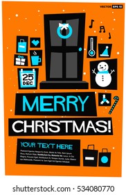 Merry Christmas! (Flat Style Vector Illustration Holidays Quote Poster Card Design) with Text Box Template