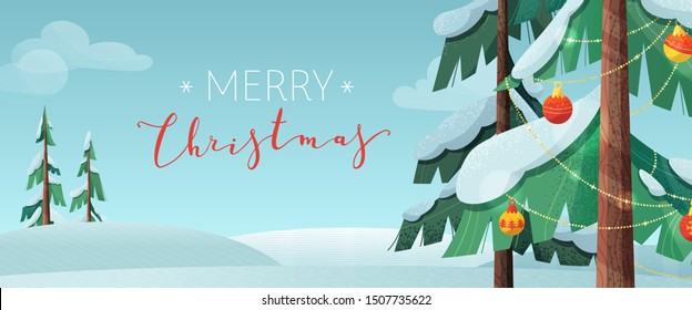 Merry Christmas flat vector banner template. Winter season holiday wishes. Xmas congratulations red ink handwritten calligraphy. Decorated fir trees in snowy forest greeting card design layout