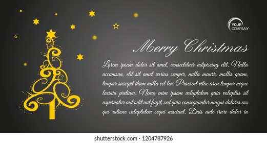 Merry christmas flat vector card with gold tree on black background