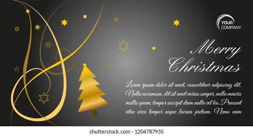Merry christmas flat vector card with gold tree and gold line on black background