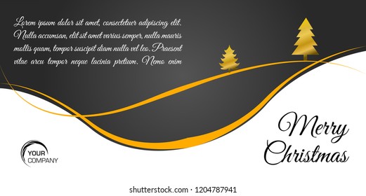 Merry christmas flat vector card with gold tree and wave on black background