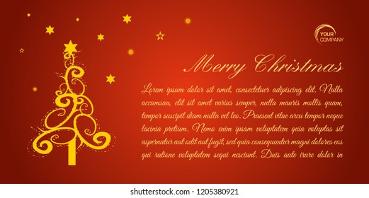 Merry christmas flat vector card with gold tree on red background