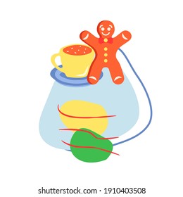 Merry Christmas flat vector concept illustration with abstract shapes. Sweet ginger bread. Traditional festive biscuit. Coffee in mug. Tea in cup. Wintertime 2D organic cartoon elements