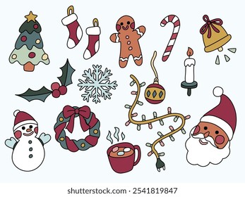 Merry Christmas flat vector illustration collection. Christmas hand drawn doodle set. 