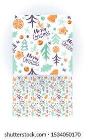 Merry Christmas flat vector seamless pattern. Fir trees, gingerbread cookies and oranges on white background. Festive backdrop. Winter holiday wallpaper, wrapping paper design idea

