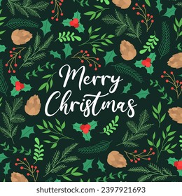Merry Christmas Floral Greeting Card Invitation with Different flowers, leaves, pine nuts and winter twigs. Christmas Background Illustration Vector