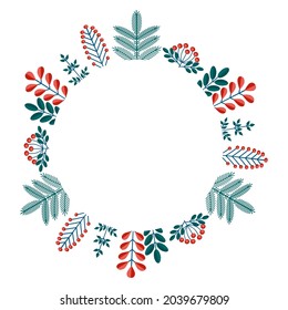 Merry Christmas floral round frame flyer with winter plants - wreath in flat style. Illustrations with botanical symbols of holiday - pine, leaves, cone, berry in red, green colors.