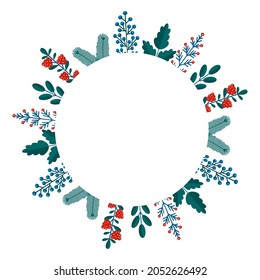 Merry Christmas floral round frame with winter plants frame - wreath in flat style. Illustrations with botanical symbols of holiday - pine, leaves, cone, berry in red, green colors.