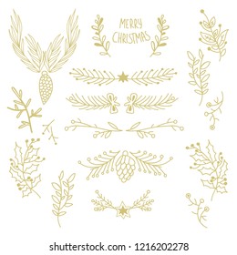 Merry Christmas floral template with natural tree branches twigs and cones on light background vector illustration