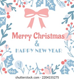 Merry Christmas floral vector. Colorful frame or greeting card with ribbon and branches.