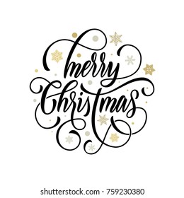 Merry Christmas flourish hand drawn calligraphy lettering on golden snowflake ornament pattern background. Vector swash line typography for greeting card design of festive quote Christmas Holiday text