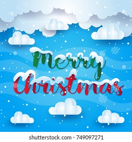 Merry Christmas Fluffy Cloud In Blue Sky Paper Art Card Illustration
