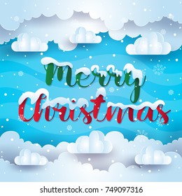 Merry Christmas Fluffy Cloud In Blue Sky Paper Art Card Illustration