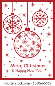 Merry Christmas flyer card temlate with christmas decoration baubles white background. Christmas background, design Xmas ball of texture paper.