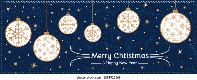 Merry Christmas flyer card temlate with christmas decoration baubles on light blue background. Vector illustration design with shiny golden balls and stars. Eps 10.
