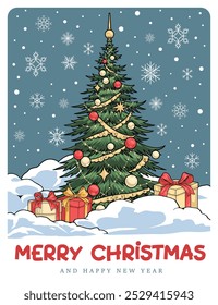 Merry Christmas flyer colorful with New Year tree standing under falling snowflakes and gift boxes vector illustration