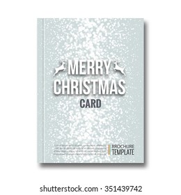 Merry Christmas Flyer Cover Invitation Retro Design Typography Lettering Greeting Card with Falling Snowflakes Background and Deers. Happy New Year template. Vertical Vector illustration.