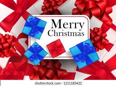 Merry Christmas flyer design. Blue, red and white gift boxes with ribbons and bows. Template can be used for banners, posters, postcards