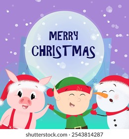 Merry Christmas flyer design. Cartoon elf, snowman and pig in Santa hat dancing. Snow in background. Template can be used for banners, posters, postcards