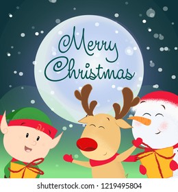 Merry Christmas flyer design. Cute snowman, elf with gift and reindeer having fun. Night and snow in background. Template can be used for banners, posters, postcards