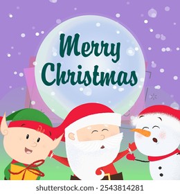 Merry Christmas flyer design. Cute singing snowman, elf and Santa Claus. Snow in background. Template can be used for banners, posters, postcards
