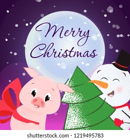 Merry Christmas flyer design. Joyful snowman with Xmas tree and pig with red bow. Night and snow in background. Template can be used for banners, posters, postcards