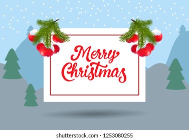 Merry Christmas flyer design. Red mistletoe berries and fir, white card with text in frame and winter landscape in background. Illustration can be used for banners, posters, greeting cards