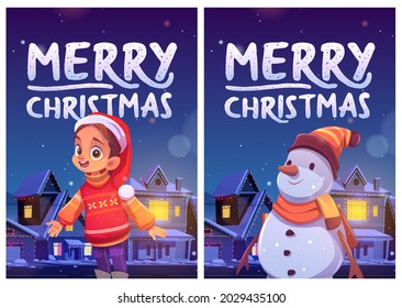 Merry Christmas flyers with cute girl and snowman in night winter city. Vector posters with cartoon illustration of child in red Santa Claus hat on background of street with snow and xmas decoration