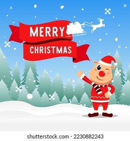 Merry Christmas with Flying Reindeer and cute deer with santa hat