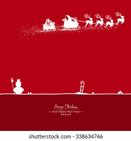 Merry Christmas - Flying Santa Claus Shape with Reindeer on Red Background Silhouette. Snowman with Sled on the Ground - Vector Greeting Card, Christmas Card. Holiday Season Template Illustration.