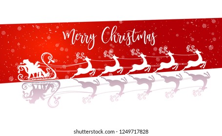 Merry Christmas - Flying White Santa Claus with Reindeer on Red Background Vector Greeting Card. Holiday Season Backdrop Template Illustration. Christmas and New Years Eve banner