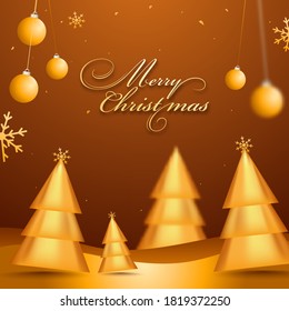 Merry Christmas Font with 3D Golden Glossy Xmas Trees, Snowflakes and Hanging Baubles on Brown Background.