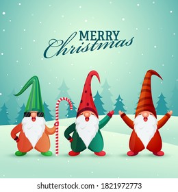 Merry Christmas Font with Cartoon Gnomes Character on Winter Landscape Background.