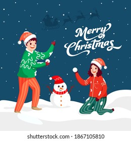 Merry Christmas Font With Cheerful Kids Holding Snowball, Cartoon Snowman On Snow Falling Blue Background.