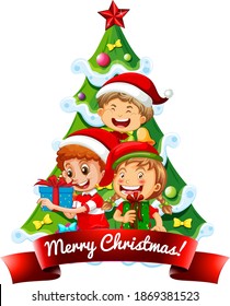 Merry Christmas font with children wearing Christmas costume on white background illustration