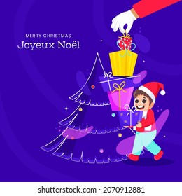 Merry Christmas Font In French Language With Line Art Xmas Tree And Cheerful Boy Holding Stack Of Gift Boxes On Violet Background.