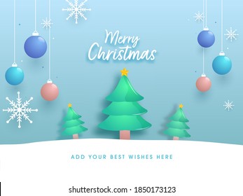 Merry Christmas Font With Glossy Xmas Trees, Hanging Baubles, Snowflakes Decorated On Blue And White Background.