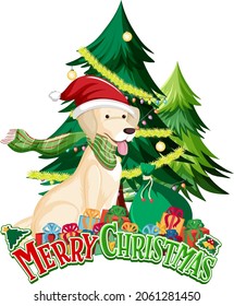 Merry Christmas font with Golden Retriever dog and Christmas tree illustration