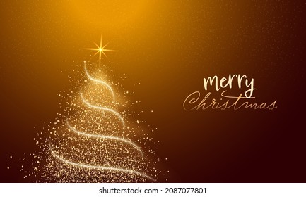 Merry Christmas Font With Golden Xmas Tree Made By Lighting Curved Wave And Particles On Brown Background.