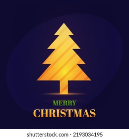 Merry Christmas Font With Golden Xmas Tree On Blue Background.